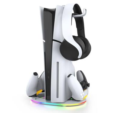 Imagem de Suporte para disco PS5 Slim/versão digital, estação de carregamento de controlador duplo PS5, suporte vertical RGB legal com 2 interfaces USB 2.0, suporte para fone de ouvido, parafusos. (Branco)