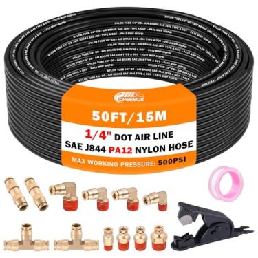 Imagem de CheeMuii 12 peças de acessórios de ar DOT de latão de 1/4 com kit de linha de ar DOT de 15 metros 1/4 de mangueira de ar DOT com conexões de ar DOT de 1/10.2 cm para semi-reboque de caminhão ou