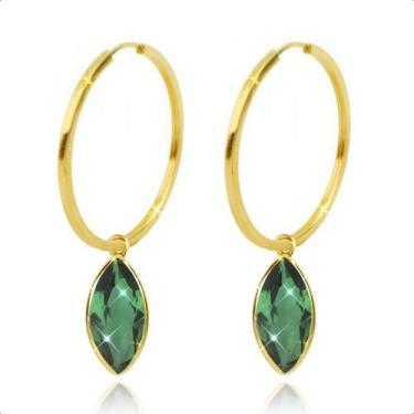 Imagem de Brinco Argola Com Pingente Ouro 18k - S. Demór Joias, Verde esmeralda