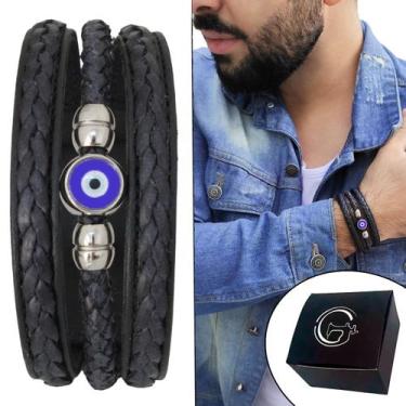 Imagem de Pulseira Bracelete de Couro Masculina Olho Grego Proteção Talismã Sort