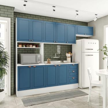 Imagem de Cozinha Pérola com Rodapé 4 Peças Paneleiro/torre Quente Aéreo 3 Portas Balcão 120 e Basculante Yesc Branco/Azul