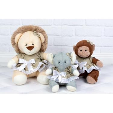 Imagem de Pelúcias Safari, Conjunto de 3, Leão, Macaco e Elefante, com Vestidos (CAQUI)