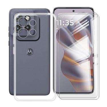 Imagem de HGJTFANY Capa de celular para Motorola Edge 50 Neo (6,4 polegadas) com 2 películas de vidro temperado, transparente [antiarranhões X à prova de choque] Capa protetora de TPU macio para Motorola Edge
