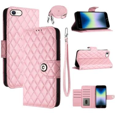 Imagem de Dswteny Capa carteira para iPhone 6/7/8/SE 2020/2022 com alça de ombro, capa de celular flip de couro para iPhone7 iPhone8 7s 8s i SE2020 SE2022 2/2nd/3/3ª geração SE2 SE3 7SE 8SE rosa