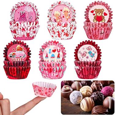 Imagem de 600 peças de copos de doces para o dia dos namorados, suprimentos para fazer doces, suprimentos para assar coração, flocos de neve, mini forro de cupcake, mini copos de Natal, embalagens de papel para doces, 6 estilos (romântico)