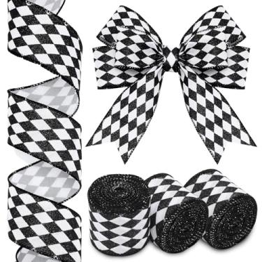 Imagem de Luinabio 3 rolos de 30 metros fita de arlequim preta branca quadriculada fitas decorativas para artesanato de buquê de guirlanda de Natal outono (6 cm de largura, estilo brilho)