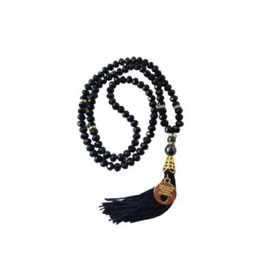 Imagem de Japamala 108 contas em cristais preto pingente dourado meru hematita -