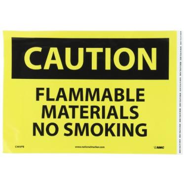 Imagem de NMC C493PB CUIDADO - Sinal de não fumar materiais inflamáveis - 35,5 cm x 25,4 cm, texto preto em amarelo, placa de alerta de vinil PS