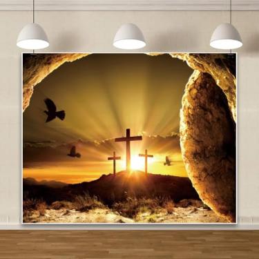 Imagem de Jesus Cristo Cruz Páscoa Pano de fundo 3 x 2,4 m Tumba vazia Jesus Ressurreição Pomba Nascer do Sol Cristo Fotografia Fundo Igreja Eventos Decoração Primavera Páscoa Festa Fundo