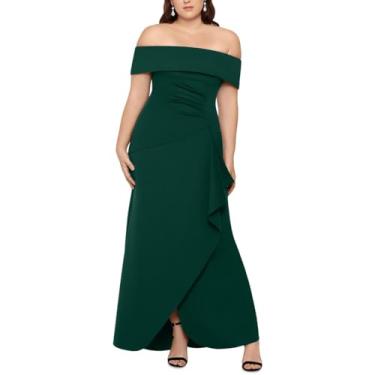 Imagem de Xscape Vestido longo feminino plus size tomara que caia com decote em coração e babados, Verde caçador, 48