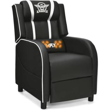 Imagem de HOMGX Cadeira reclinável para jogos, cadeira ergonômica para computador com função de massagem e almofada, estilo de corrida moderno, sofá individual com apoio para os pés, sofá reclinável ajustável