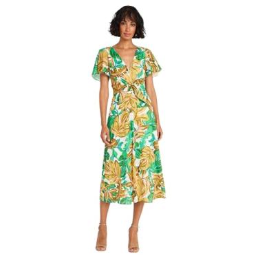 Imagem de Maggy London Vestido midi rodado feminino, Branco macio/verde-oliva dourado, 48