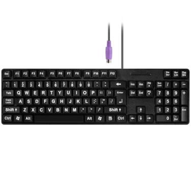 Imagem de MCSaite Teclado de computador PS2 com fio de 104 teclas - letras impressas grandes - Teclado QWERTY tamanho completo - preto