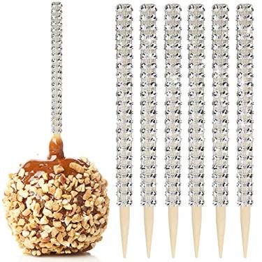 Imagem de 32 unidades de bastões de bambu de maçã brilhante, espetos pontiagudos de madeira caramelo maçã com strass em malha de diamante, barra decorativa de frutas para mesa de sobremesas, chá festa de aniversário, bufê de casamento