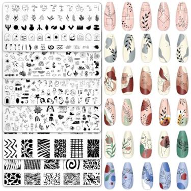 Imagem de Whaline Conjunto de 6 peças de placas de unhas abstratas para rosto de senhora, conjunto de carimbos de plantas boêmias, placas de arte para unhas para impressão faça você mesmo, design de salão de