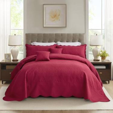 Imagem de HZ & HY Conjunto de cama King extragrande, colcha ultrassônica, edredom leve e fino, reversível, 5 peças, 100% microfibra, King/Cal King, vinho