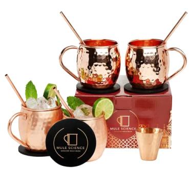 Imagem de Advanced Mixology Conjunto de 4 canecas Mule Science Moscow Mule Science (tamanho grande de 540 ml) | 100% feito à mão | Seguro para alimentos | Canecas de cobre com acessórios | Copos de cobre