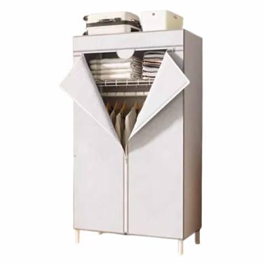 Imagem de Guarda-roupa Armário de armação de aço completo armário de tecido de veludo pêssego armário de armazenamento de capacidade extra grande para aluguel habitação branco armário