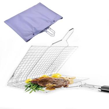Imagem de LUKCOZMO Cestas de grelha cesta de grelhar peixe para grelhar ao ar livre acessórios de grelha dobrável em aço inoxidável com alça removível, cesta de grelha para bar, camping, piqueniques e