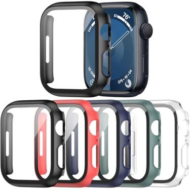 Imagem de Haojavo Pacote com 5 capas com protetor de tela de vidro temperado para Apple Watch séries 9 8 7 41 mm, capa protetora rígida ultrafina e resistente a arranhões para iWatch S9 S8 S7 41 mm acessórios