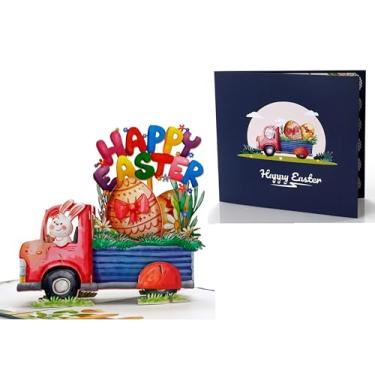 Imagem de Cartão pop-up de Páscoa 3D, coelhinho da páscoa andando de caminhão com cartão de ovos, fofo, engraçado, cartão pop-up religioso, cartão feliz de Páscoa para crianças, filho, filha, menino, menina,