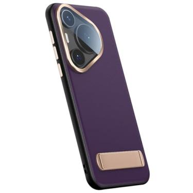 Imagem de LTLMYDAM Capa roxa com suporte 70 Pro para Huawei Pura 70 Ultra/70 Pro/70 Pro+/70, proteção de vidro para lentes, capa de couro legítimo, estilo empresarial