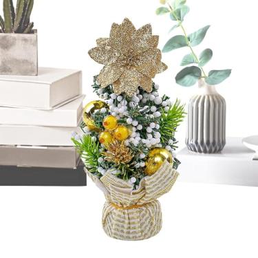 Imagem de Árvore de Natal pequena - Árvore de Natal artificial pequena de 21 cm com bolas de laço - Decoração de árvore de Natal estética para sala de estar e mesa