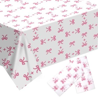 Imagem de Tinoaly 2 toalhas de mesa retangulares com laço rosa, 2.7 x 1.4 m, capa de mesa de plástico impermeável, decoração de festa para meninas e mulheres, artigos de festa para chá de bebê