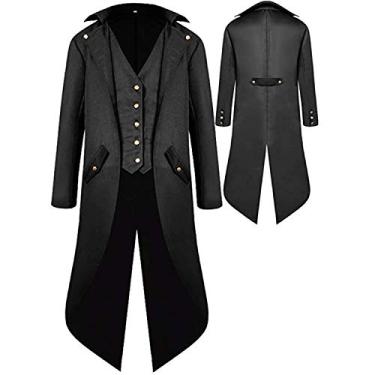 Imagem de BITSEACOCO Jaqueta masculina gótica medieval, casaco vintage vitoriano Steampunk com gola alta, Preto, M