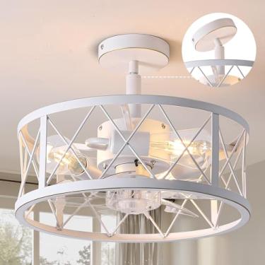 Imagem de REDSTAR Ventiladores De Teto De Gaiola De 15" Com Luzes E Montagem Embutida Remota, Luminária De Ventilador De Teto Industrial Redondo Branco, Ventilador De Teto Pequeno Sem Lâminas Para Quarto, Coz