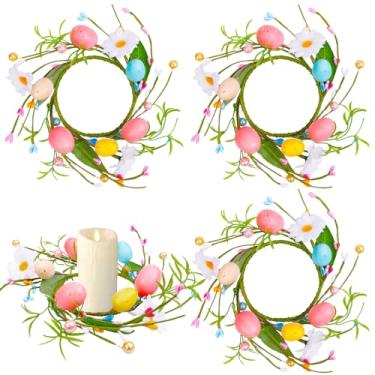 Imagem de 4 anéis de vela de ovo de Páscoa, grinaldas, guirlandas de Páscoa artificiais de primavera com baga de cachimbo de 24 cm, anéis de suporte de vela para porta da frente de Páscoa, primavera, férias,