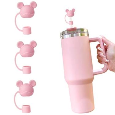 Imagem de Puprlepro Capas de canudo rosa fofas para copo Stanley 10 mm silicone reutilizável topo de canudo para copos Stanley acessórios (urso rosa, 3 peças)