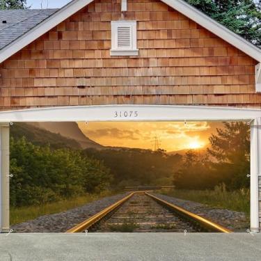Imagem de Capa para porta de garagem com faixa de trem antiga, decoração de 2,1 x 4,9 m, grande, vintage, estação ferroviária, cenário natural, pôr do sol, porta de garagem, decorações ao ar livre, festa de