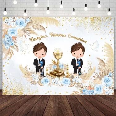 Imagem de AIBIIN 2,4 x 1,8 m Nuestra Primera Comunion pano de fundo para gêmeos meninos, batismo, Deus abençoe, primeira comunhão, decorações de festa de batizado, boho, azul, floral, dourado, pombas, banner,