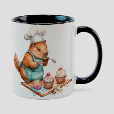 Imagem de Caneca Branca com Alça e Interna Preta de Porcelana 325ml CAPIVARA MAMAE BOLO 5