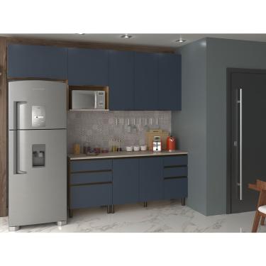 Imagem de Cozinha Completa Bartira Cristal com 7 Portas, 5 Gavetas, 4 Prateleiras e 260cm de largura - Lâmina de Mel/Azul Royal 