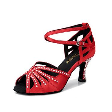 Imagem de TTdancewear Tênis feminino de dança de salão com strass para desempenho de salsa latina, Salto vermelho - 6,3 cm, 36