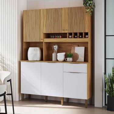 Imagem de Cozinha Compacta com 6 Portas 1 Gaveta e Mini Adega 151,30cm 100% Mdf Croácia Espresso Móveis Amêndoa/Branco