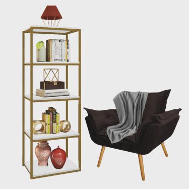 Imagem de Kit Poltrona Fatte com Manta Soft Cinza e Estante Livreiro Ferro Dourado mdf Branco Suede Marrom - Ahazzo Móveis
