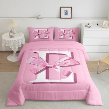 Imagem de jejeloiu Conjunto de cama com laço sonhador, presente para mulheres, adolescentes, tamanho Queen, conjunto de cama com monograma ultra macio, letra E, edredom kawaii rosa, conjunto de edredom