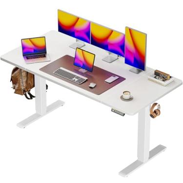 Imagem de Huuger Mesa elétrica grande de 55 x 28, mesa de trabalho com altura ajustável, mesa de 70 cm de profundidade, mesa de escritório para jogos de pé com 2 ganchos, 3 alturas predefinidas, para escritório