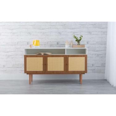 Imagem de Balcão Buffet Pés Palito Madeira 3 Portas Com Nichos Mdf E Palhinha Es