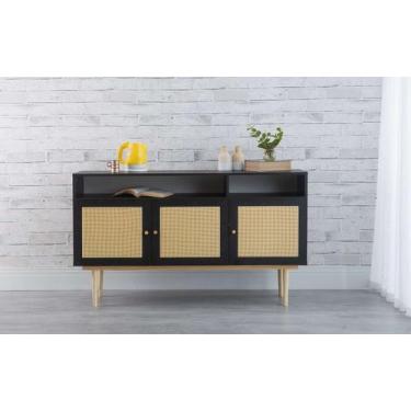 Imagem de Balcão Buffet Pés Palito Madeira 3 Portas Com Nichos Mdf E Palhinha Es