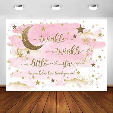 Imagem de Avezano Twinkle Twinkle Little Star pano de fundo para meninas dourado e rosa cintilante decoração de festa de chá de bebê fundo fotográfico estrelas douradas e lua chá de bebê sessão de fotos (2,4 x