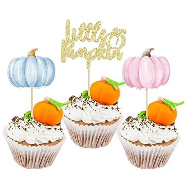 Imagem de Gyufise 24 peças de topos de cupcake de abóbora azul rosa para decoração de bolo de abóbora revelação de gênero para Ação de Graças, aniversário, chá de bebê, tema de outono, suprimentos de decoração