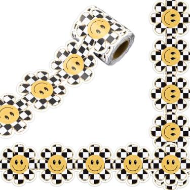 Imagem de Whaline Borda de quadro de avisos Happy Face Margarida de 10 m, branco, preto, xadrez, rosto sorridente, flor, acabamento de borda enrolada com borda dourada para decoração de parede de quadro-negro