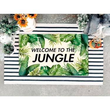 Imagem de ZHAOFLY Capacho engraçado de boas-vindas para tapete de porta da frente, tapetes de presente para decoração de casa de entrada (60 cm x 39,6 cm) (Bem-vindo às folhas tropicais da selva)
