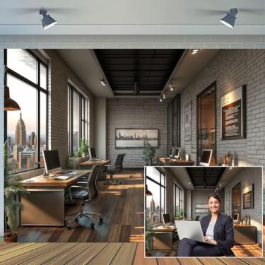 Imagem de Pano de fundo moderno de escritório para videoconferência, decoração de reuniões de escritório em casa, decoração de parede de tijolos, janela de tijolo, fundo fotográfico, vídeo ao vivo, chamadas