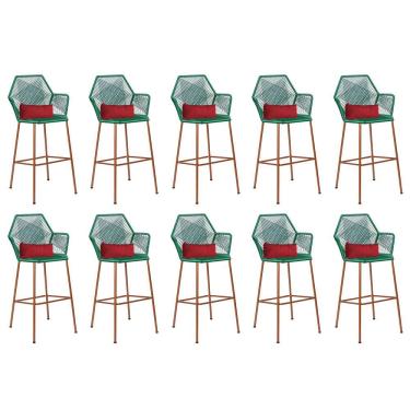 Imagem de Kit 10 Banqueta Alta Com Encosto Balcão Ferro Bronze Fibra Verde Almofada Sintético Vermelho