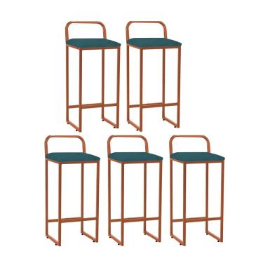Imagem de Kit 05 Banqueta Alta Luffi Com Encosto Cozinha Bar Balcão Bistrô Ferro Bronze Suede Azul Turquesa